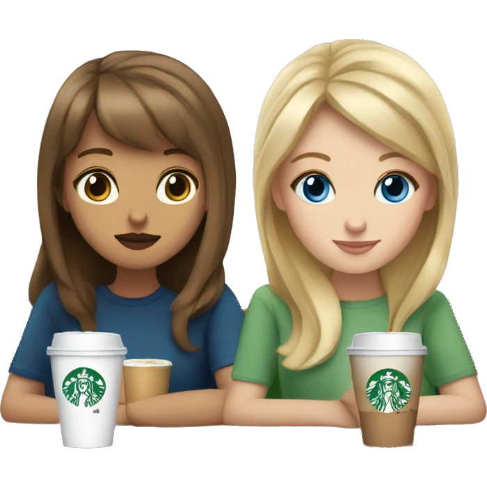 Blonde girl with Blue eyes  and brown haired girl with bangs and hazel  eyes, drinking Starbucks  emoji