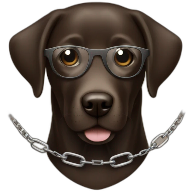 dark brown labrador, smiling, with glasses, and a chain with the initials "Sam" emoji