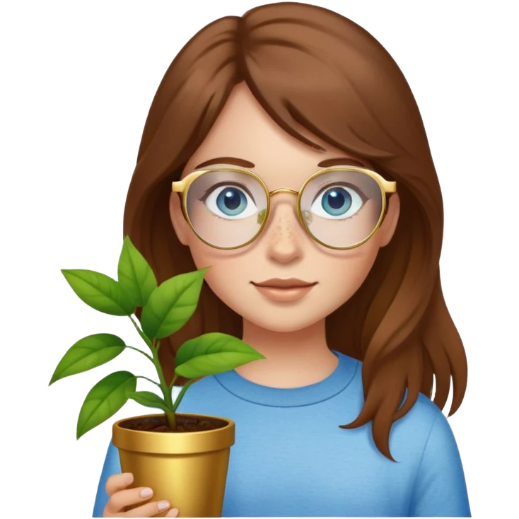 Girl with light skin, brown hair, blue eyes, freckles, and gold glasses holding plant emoji