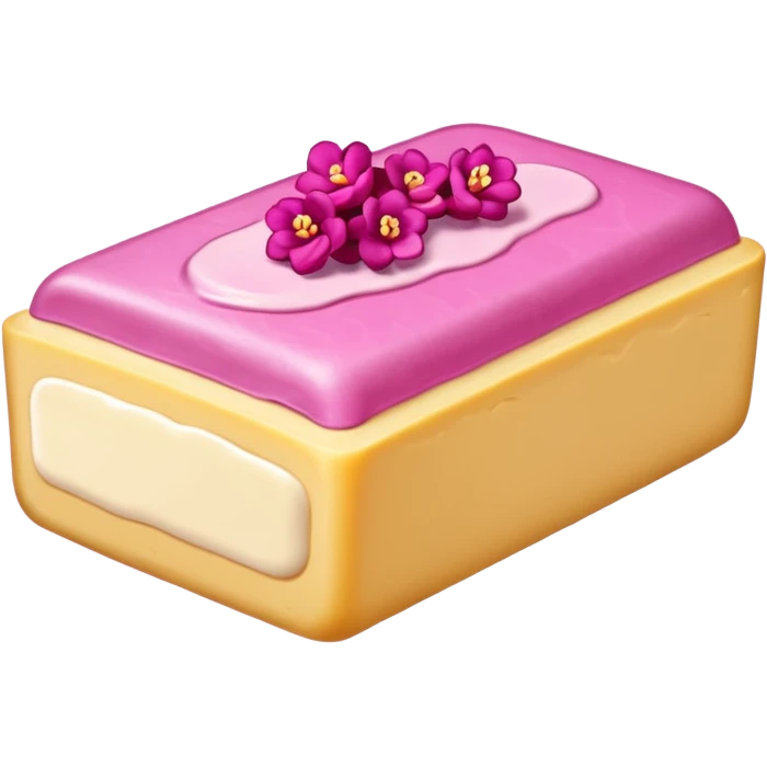 Un primer plano fotorrealista de una barra de mantequilla corporal sólida con un grabado botánico sutil. El color de la barra es rosa suave. Colores: rosa, crema y magenta. Iluminación de estudio. Estilo: producto sólido, limpio. emoji