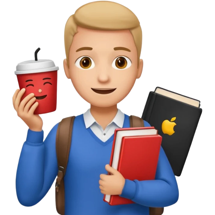 Create two emoji characters.

Left: a stressed student preparing for IELTS, holding books and coffee, tired face, exam stress.

Right: a happy confident student after IELTS, traveling abroad, airplane, university, freedom, smiling.

Style: Apple emoji, clean, simple, white background. emoji