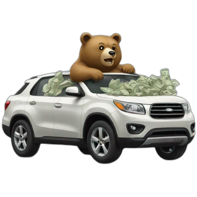 Bear driving car loaded with money emoji