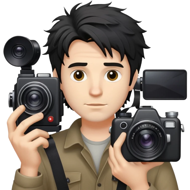 a white man with black messy hair holding a foto camera emoji