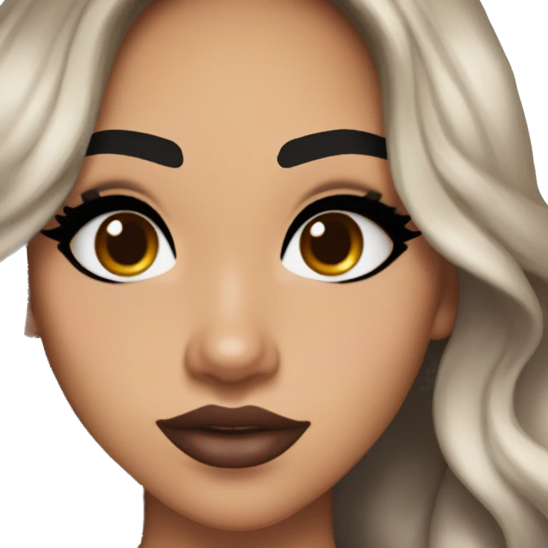 Maddy Perez euphoria show teenager: warm brown eyes, bold black sharp eyeliner, dark arched brows, full nude-berry lips, light skin, high cheekbones, sleek dark brown long hair in waves/ponytail, sparkly rhinestones on her eyelids 

 emoji