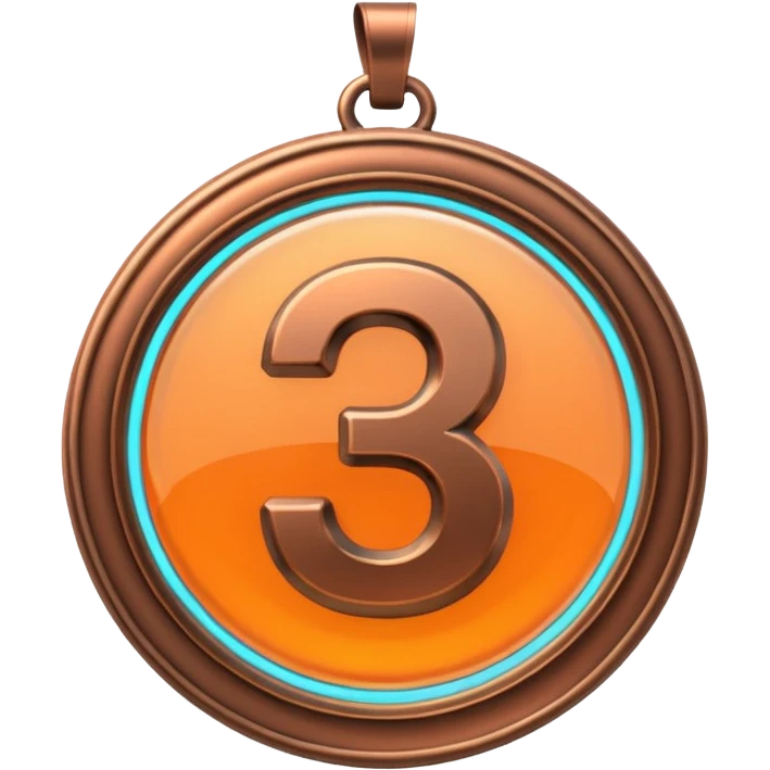medal number 3, minimalistic bronze transparent glass 3d neon glowing emoji