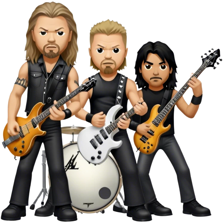 Icon for Metal Music: Metallica band four members detailed in their signature look. James Hetfield with guitar, Lars Ulrich on drums, Kirk Hammett with his electric guitar, and Robert Trujillo playing bass. Bold, energetic style, all in a heavy metal aesthetic. Transparent background. emoji