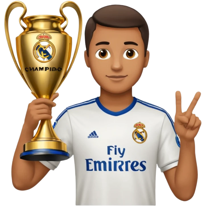 Человек в футболке футбольного клуба Real Madrid. Держащий кубок лиги чемпионов emoji