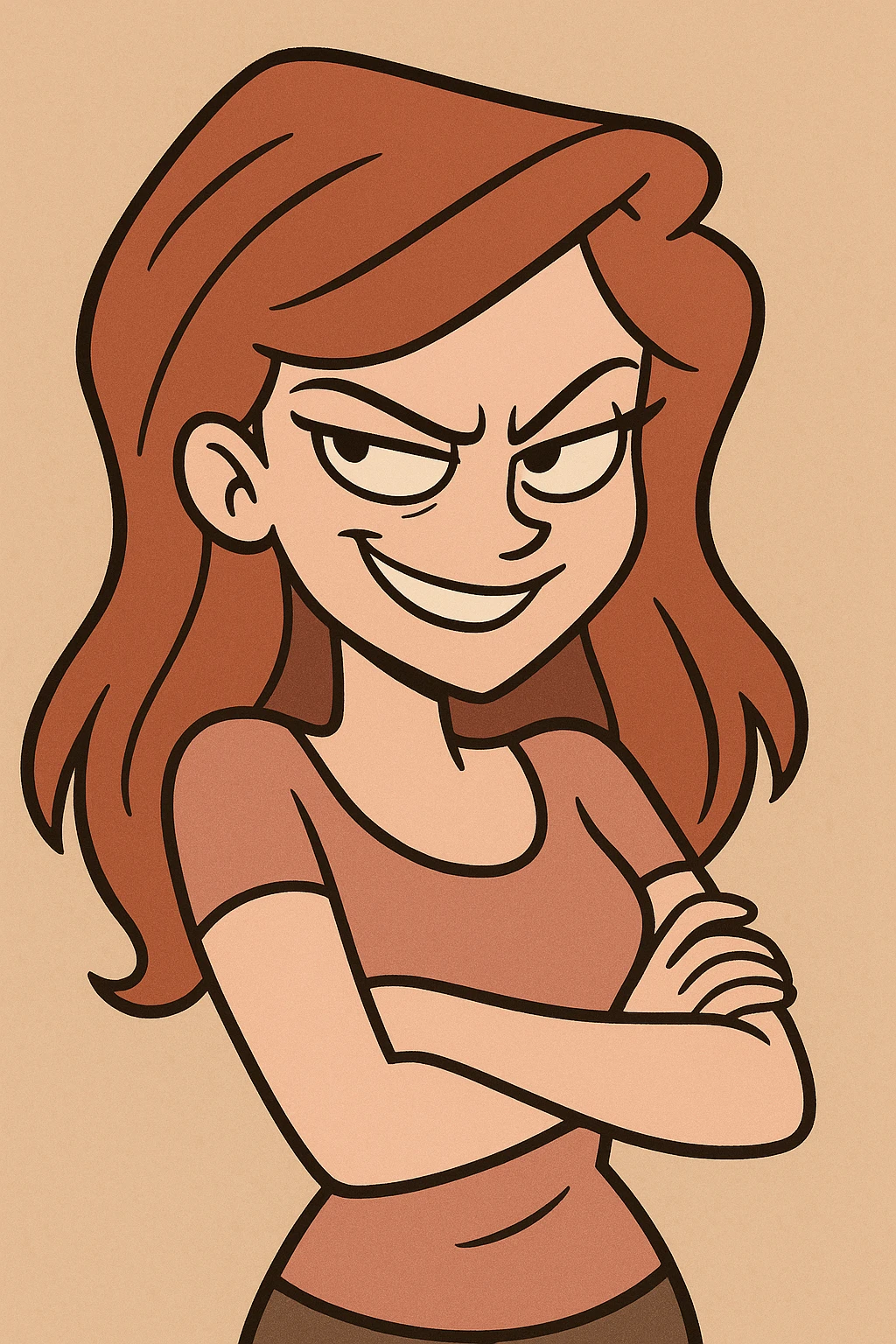 a beautiful girl with a mischievous, sly smile and sharp eyes, bold cartoon style emoji