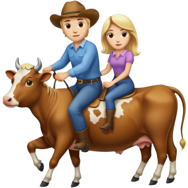 Do a man and a woman riding cows , the man is blond and woman a brunette emoji