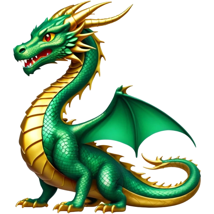cinematic-noble-dragon-full body-emoji,-poised-and-majestic,-with-a-sinuous,-elongated-build-and-shimmering,-scale-covered-skin-in-hues-of-emerald-and-gold,-piercing,-fiery-eyes,-simplified-yet-sharp-and-sophisticated-features,-highly-detailed, zoomed out showing the serpentine body emoji
