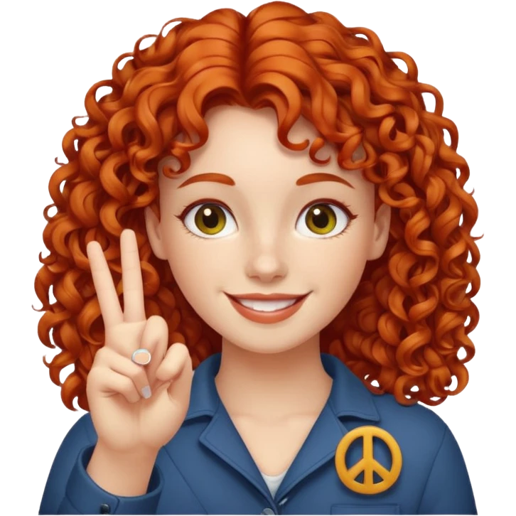 Redheaded girl with curly hair doing peace sign emoji