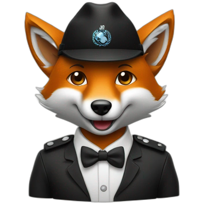 Un renard en costume noir avec une casquette plate fait un salut emoji