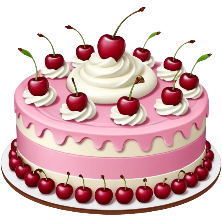 Round pink frosted cake with textured buttercream sides, placed on a plate cake board.
White whipped cream swirls on top, each topped with glossy red cherries with stems, clean studio lighting, isolated background, realistic minimal smooth emoji-style. emoji