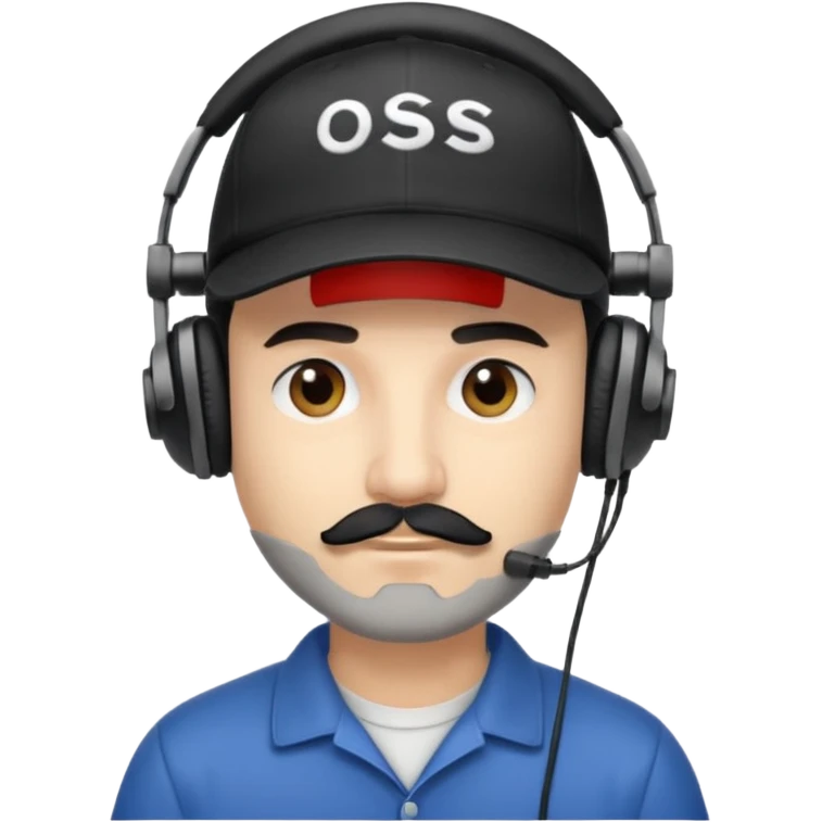 streamer man with short black beard, short black mustache, black eyebrows, and a cap, wearing headphones emoji