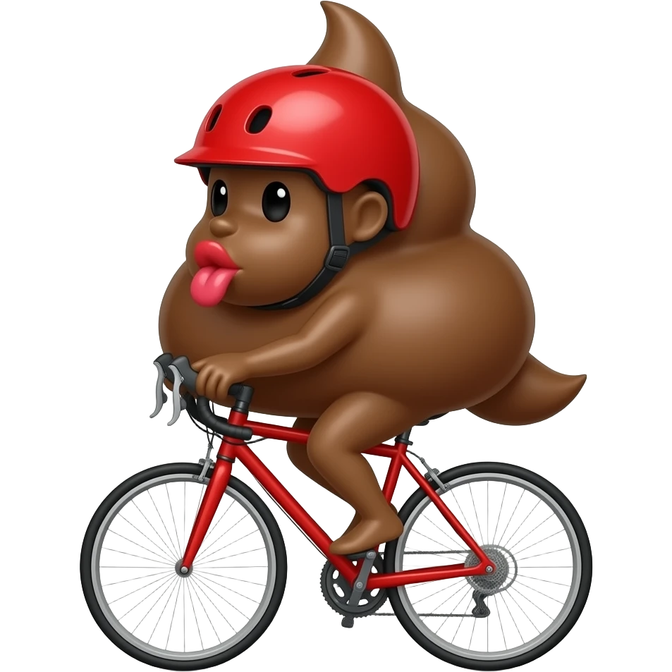 Une crotte avec un casque  qui fait du vélo rouge et qui envoie un bisous emoji