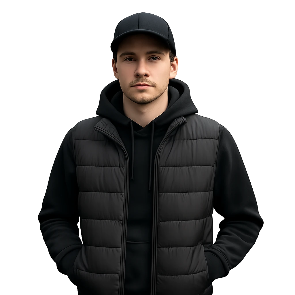 A guy in a hat, black hoodie, and a puffer vest emoji