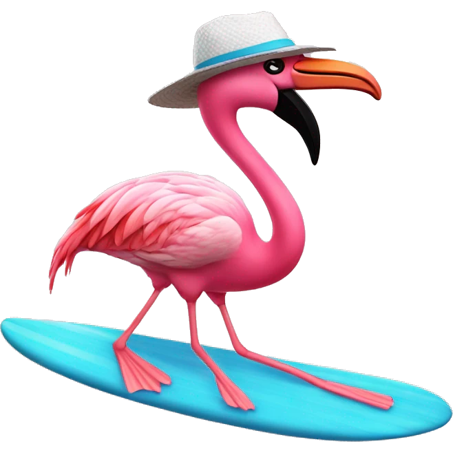 flamingo riding a surfboard wearing a hat emoji