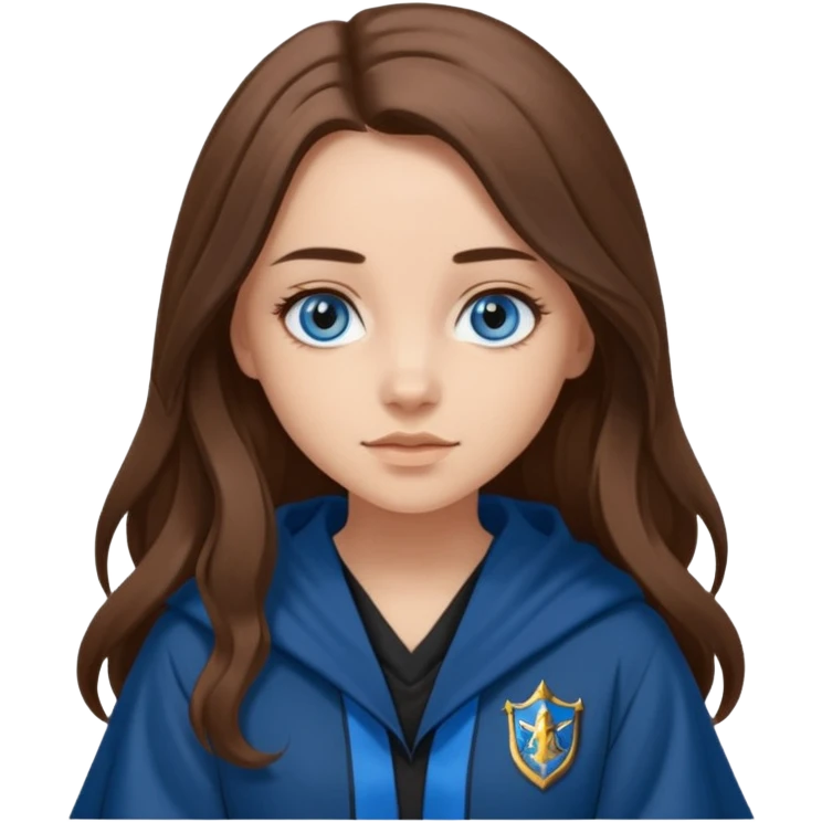 gorgeous Girl with light skin, blue eyes, long brown hair, wears ravenclaw black and blue robes  emoji