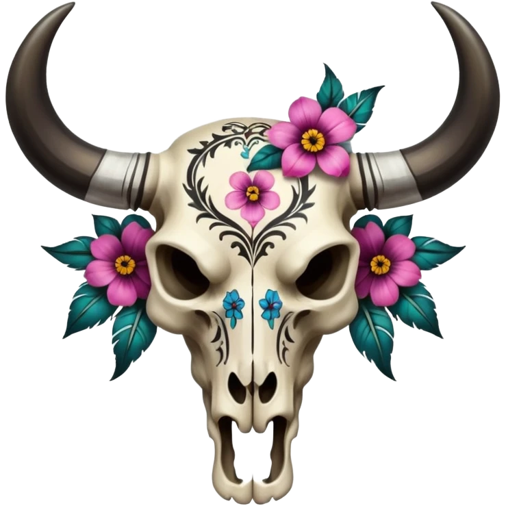 Aesthetic asymmetry bull skull cranium with flowers, black painted tribal tattoo pattern markings  emoji