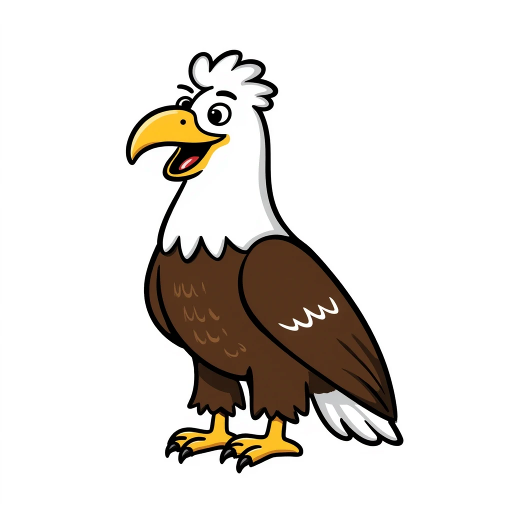 cartoon bald eagle with open beak from front view, white head, yellow beak, brown body emoji