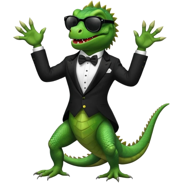 capitalist iguana banker in tuxedo and black sunglasses dancing crazy emoji