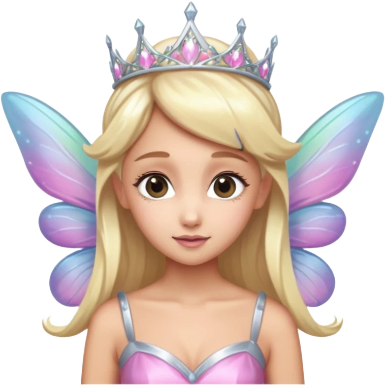 фея похожая на ариану гранде с блондинистыми волосами и серебряной диадемой, розовым платьем emoji