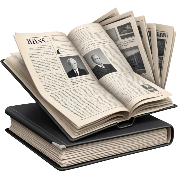 Icon for Non-Fiction & Narrative Reading: an open book with black-and-white photos on the pages, surrounded by a pile of newspaper clippings, and an open folder with top-secret documents. The icon should reflect the blend of real stories and facts in non-fiction literature. Transparent background. emoji