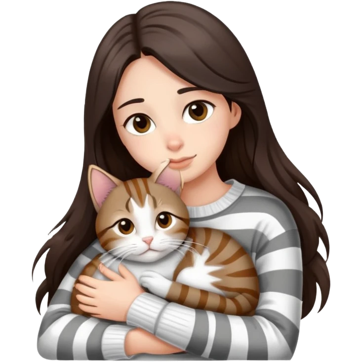 a girl with long dark brown hair, in a
white sweater and brown eyes, hugs a tabby
grey and white strips one cat.  emoji