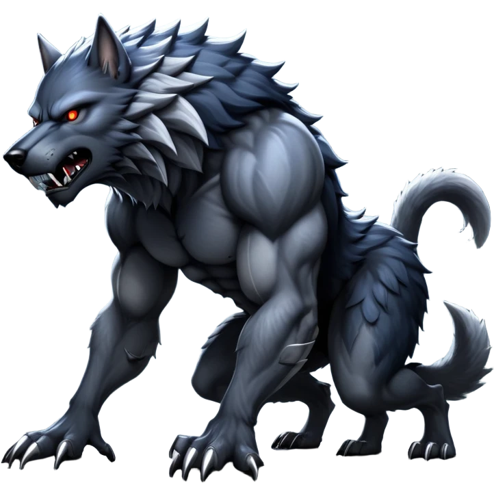 cinematic-noble-fierce-werewolf-on all fours-emoji, poised-and-imposing, with a tall, lean, and muscular wolfish frame inspired by the brutal, imposing shape of the beast from Berserk, fur rippling in shades of midnight black and silver, massive paws with razor-sharp claws, elongated limbs and fangs, eyes glowing with an intense, primal ferocity, reflecting the untamed power of the wild moonlit night; rendered with realism emoji