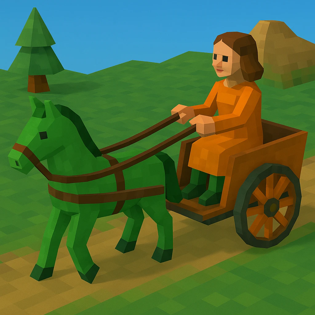 Isometric horse and cart with color variation: green and orange, keep original style low poly 3d. emoji