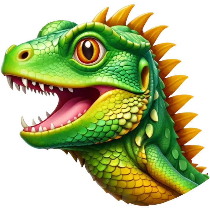 Cinematic Realistic Comical Iguana Portrait Emoji, Head tilted dramatically with an exaggeratedly amused expression, featuring a striking, glossy green-scaled body with bold natural textures and wide, expressive amber eyes brimming with playful disbelief, rendered with lifelike clarity and vibrant hues, high shine, dramatic yet playful, styled with an air of cheeky tropical mischief, soft glowing outline, capturing the essence of a spirited and over‐the‐top iguana that looks ready to charm its way into viral fame! emoji