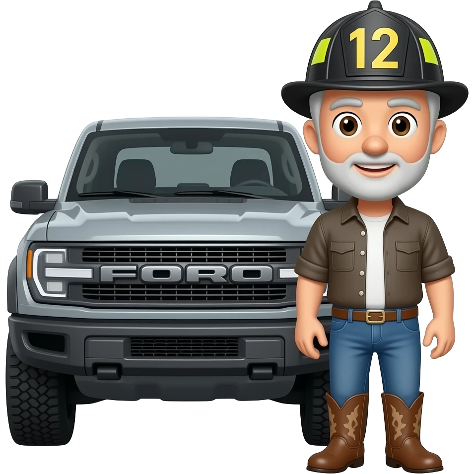 Ford bronco Cartoon emoji-style grey haired man in jeans, cowboy boots, and a firefighter helmet with 12 on the front standing next to marsh gray colored 2025 ford bronco emoji