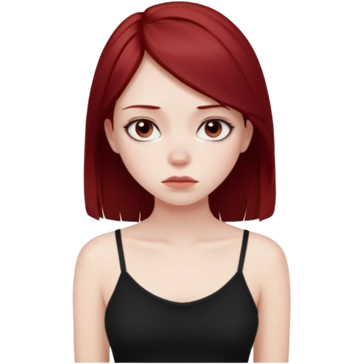 a pretty bratz fair girl with dark red straight hair, black cami top, looking sad emoji