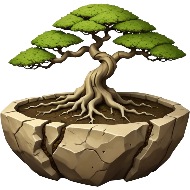 Roots Stoneware akadama soil mosses irregular angular Stone Age rocks cracked and broken forming a very shallow bonsai pot sans(without) tree  emoji