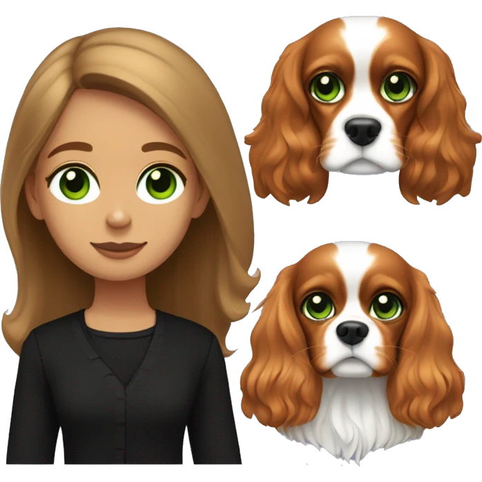 a girl with light brown long hair in black clothes, with green eyes and a Cavalier King Charles Spaniel emoji