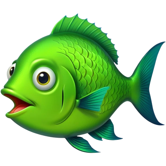 ridiculously stupid bright green fish in side profile facing right, extremely wide eye, gaping mouth open in surprise, looks completely baffled, flat 2D side view only emoji