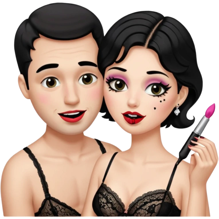 male getting sissified in lingerie by his smug wife. the wife is crying with laughter. she is doing the males makup emoji