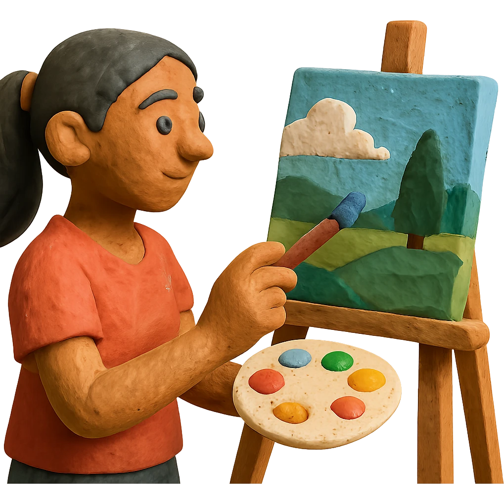 tanned woman artist with long black hair in a ponytail, painting a landscape at an easel, holding a paint palette and brush, claymation style emoji