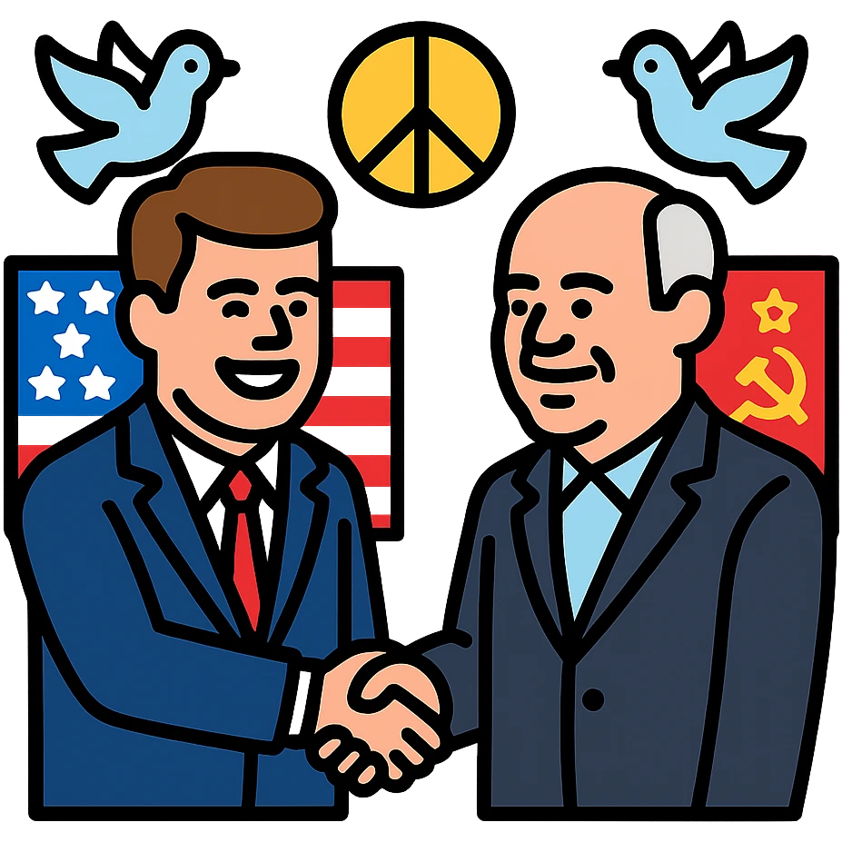 John F. Kennedy and Mikhail Gorbachev side by side, smiling, shaking hands, small peace symbol and doves, US and USSR flags as accents, friendly diplomatic atmosphere emoji
