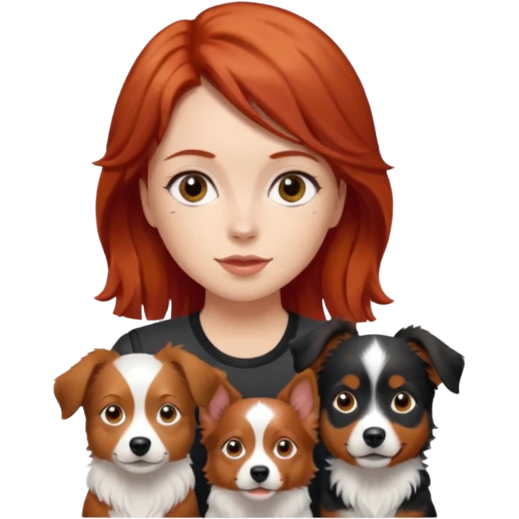 young woman with red hair and two mini Australian shepherds, brown white and black, boy bigger, girl smaller and dainty, emoji style emoji
