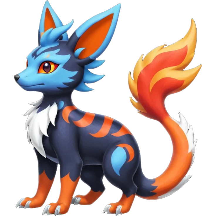 
Canine-Litten-Amaura-Salandit-Noibat-Flareon-Fakémon-fusion (full body) with intricate markings emoji