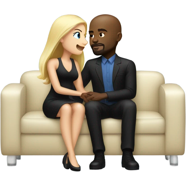 Blonde woman with blue eyes and long straight hair wearing a short black dress and a black man who is bald with a goatee seated together on a sofa enjoying a loving kiss.   emoji