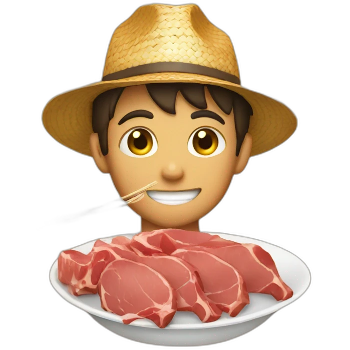 A boy with straw hat eating meat emoji