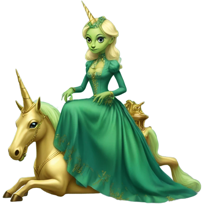 "galora green blonde alien woman" in blue Victorian dress elegant, full body, on gold unicorn emoji