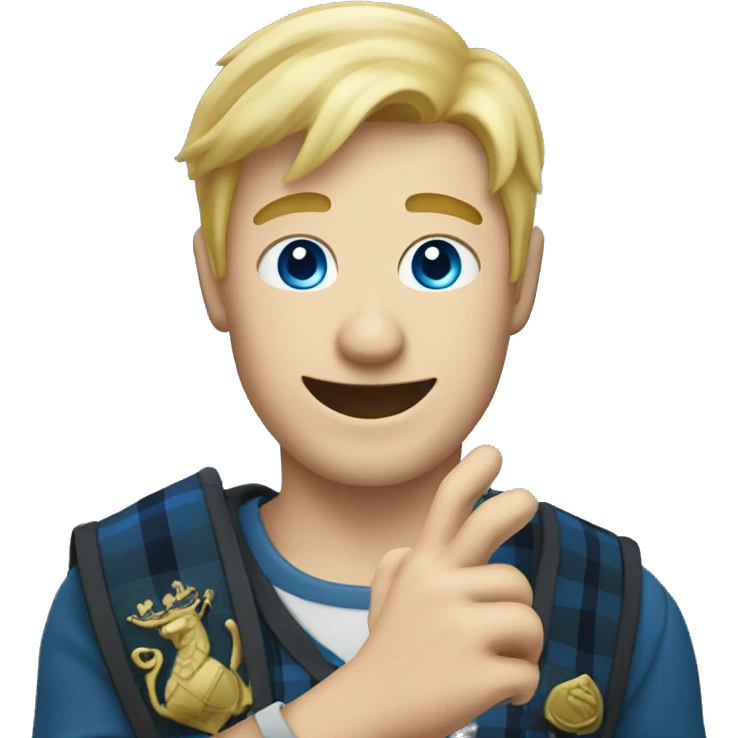 Male with blonde hair and blue eyes waving hand smiling with a Scotland emoji