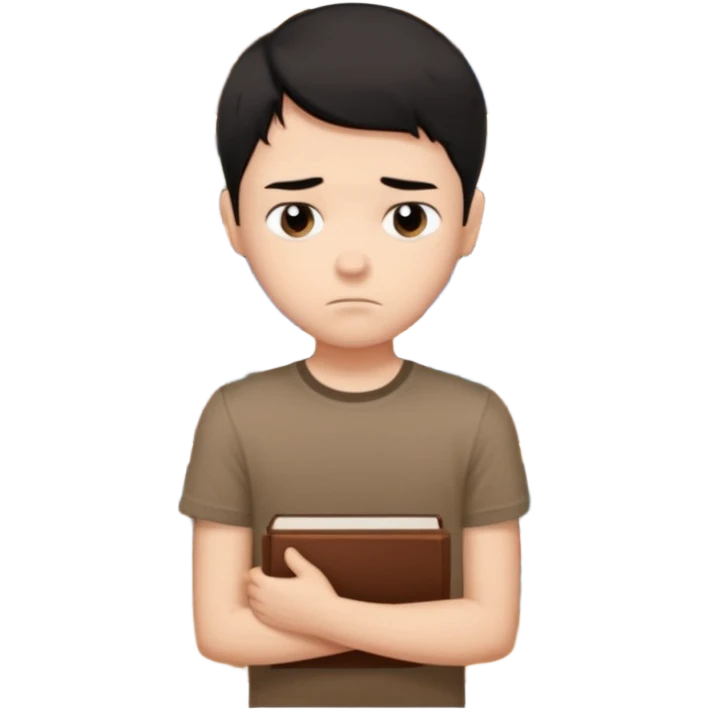 generate a pretty bratz fair skinned boy with short black hair wearing a brown tshirt surrounded by books n looking very sad emoji