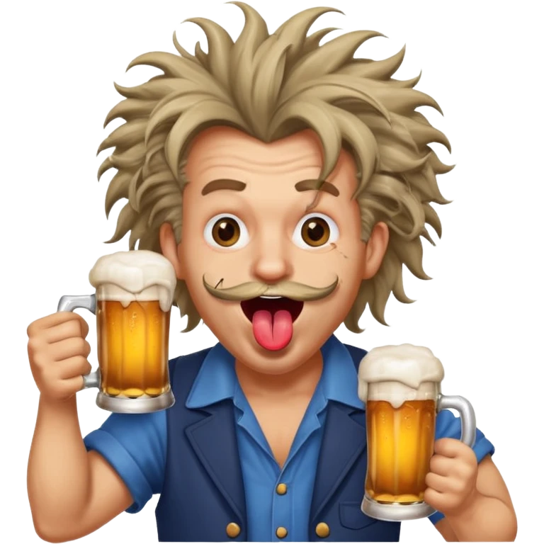 funny man with exaggerated, ridiculous, manic expression holding a beer mug, cross eyed, tongue out, wild hair emoji
