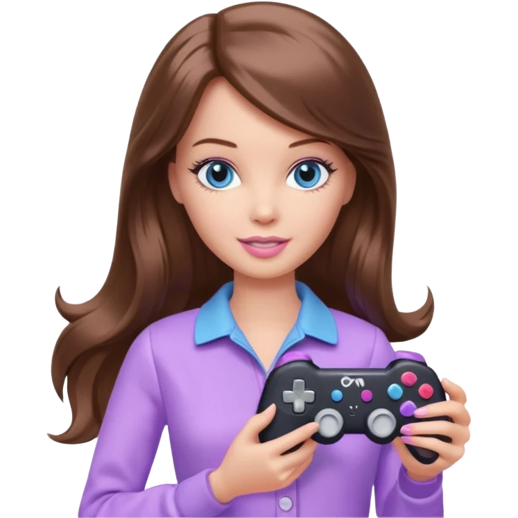 beautiful barbie girl with long brown hair, blue eyes and wearing light purple clothes playing console games with controller emoji