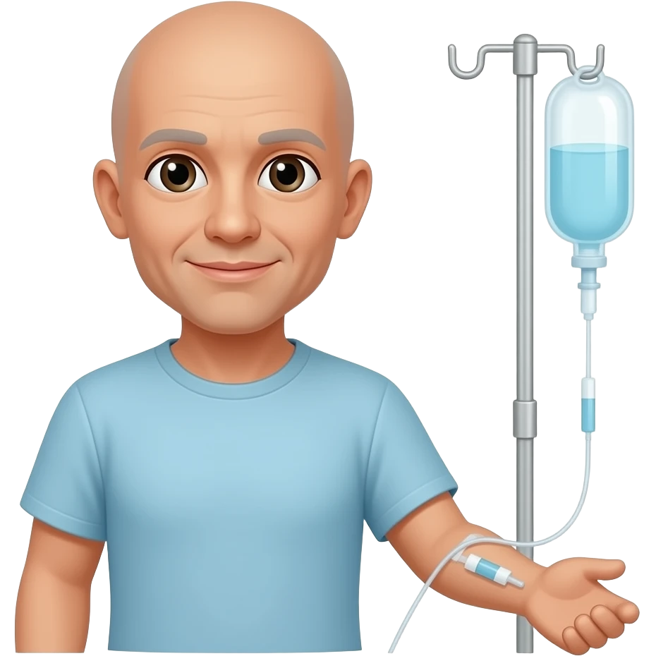 ill looking bald patient receiving i.v. chemotherapy in their arm emoji