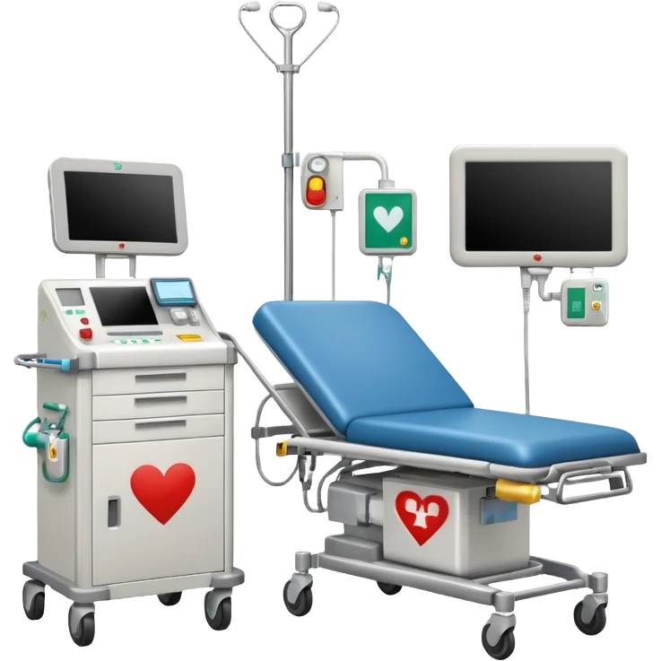 An emergency room corner with defibrillator, monitors, and crash cart.
 emoji